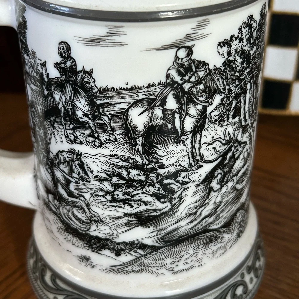 Vintage White Milk Glass German Beer Stein Mug with Pewter Lid
